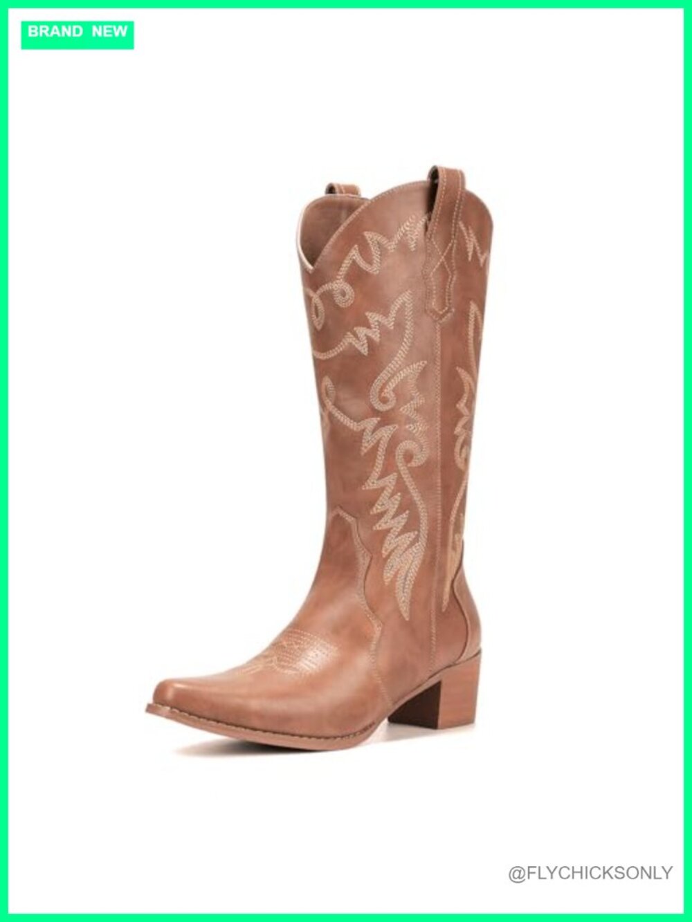 Western Cowgirl Boots Pointy Toe Mid Calf Vegan Leather Low Heel